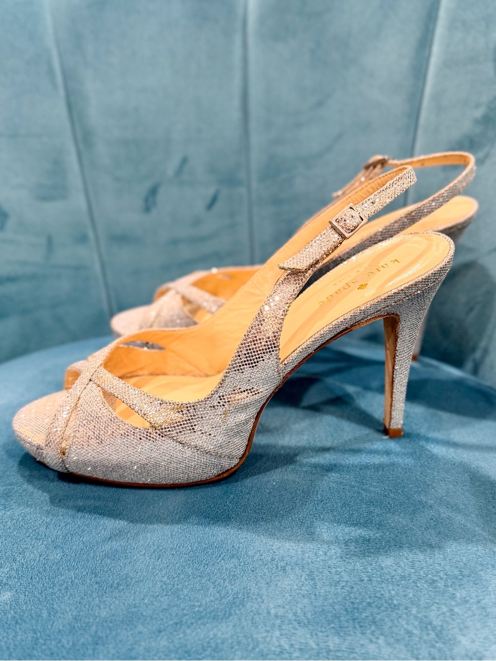 EUC - Kate Spade Strappy Silver Slingback Heels - Size 7 - Picture 3 of 6
